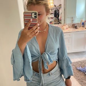 Jean/blue Flowy long sleeve tie crop top